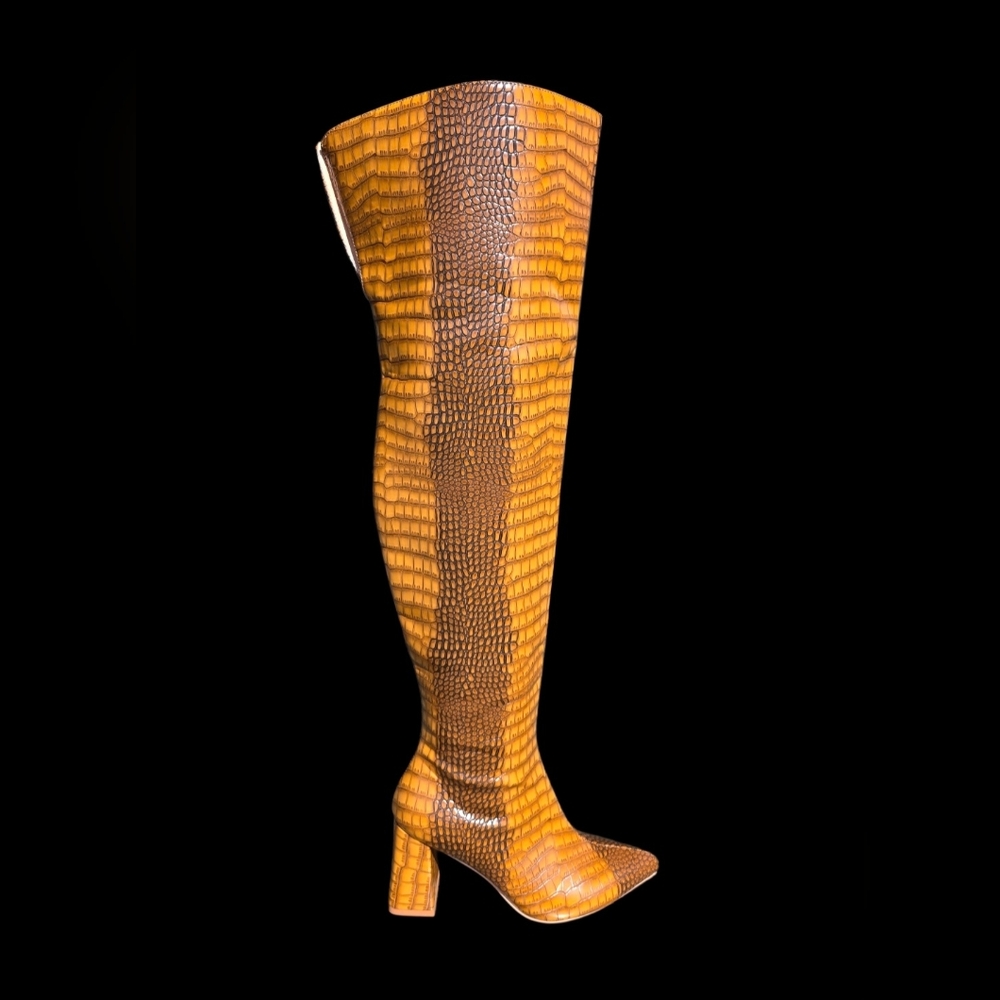 Brown Crocodile Pattern Over-the-Knee Boots